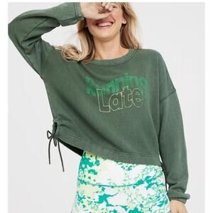 Aerie Running Late Green Graphic Sweatshirt Pullover Crew 100% Cotton Sz M
